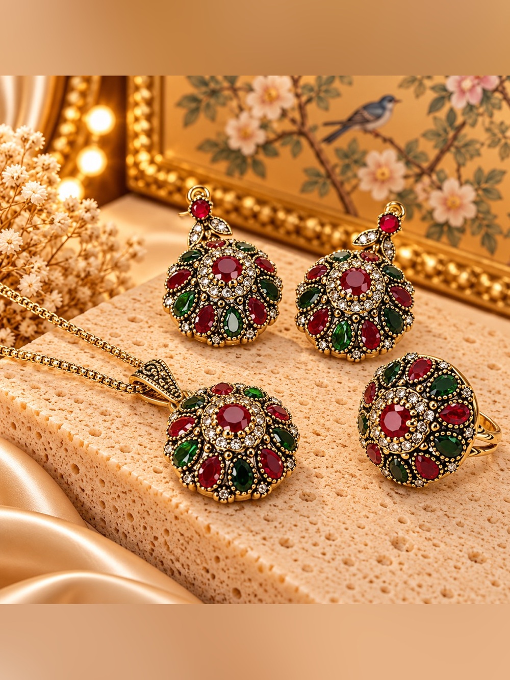 Bohemian Mosaic Rhinestone Jewelry Set Necklace Earrings Ring